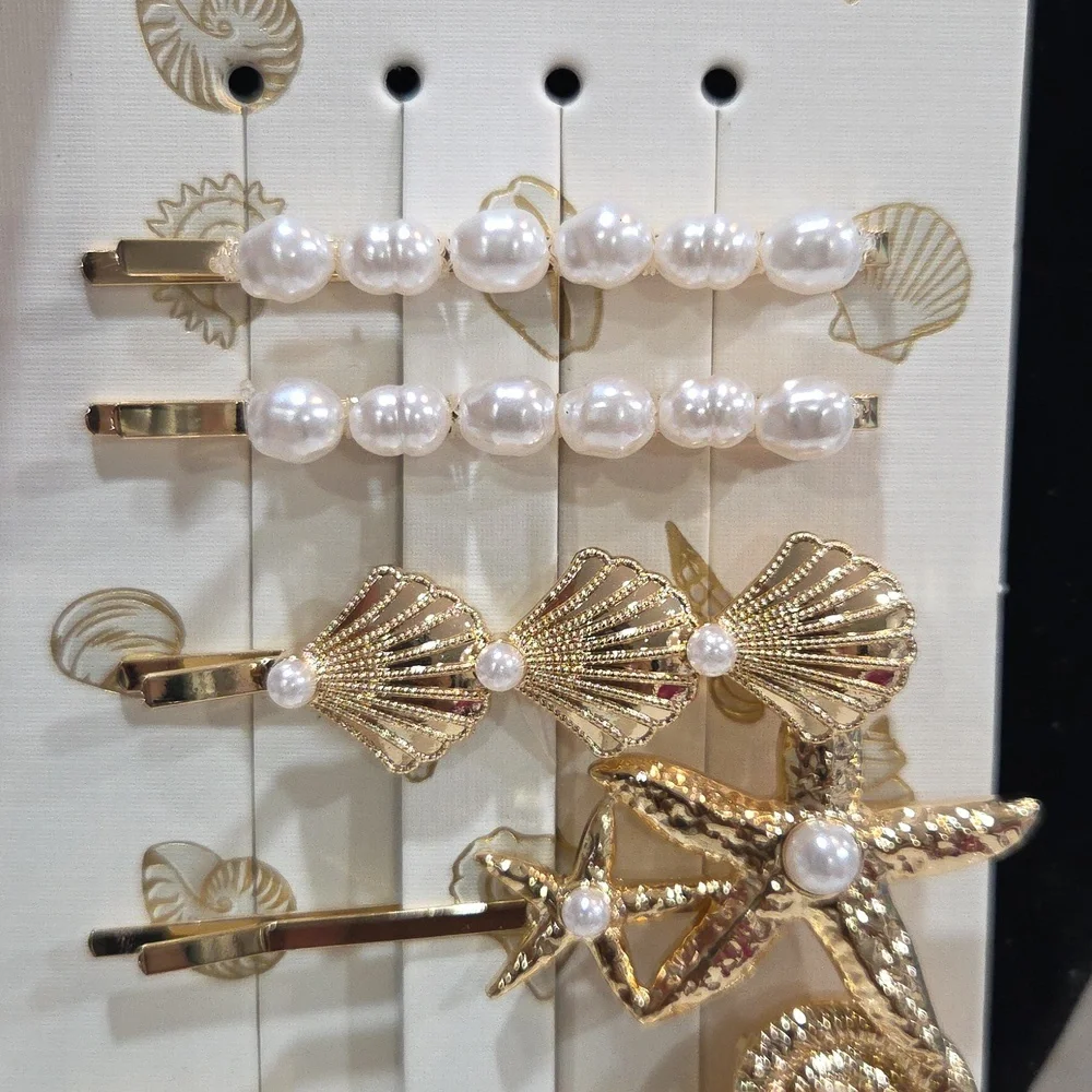💛▪️Piper K ▪️Gold and White Hair Clip Set Of 6 Nautical Goldtone Clips